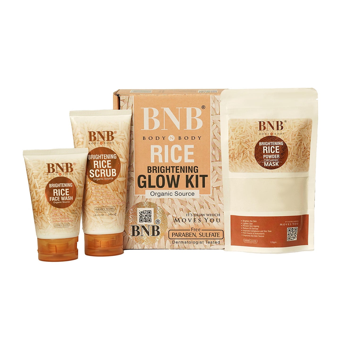 BNB Organic Source Rice Brightening Glow Kit, Face Wash+Scrub+Mask, Dermatologist-Tested