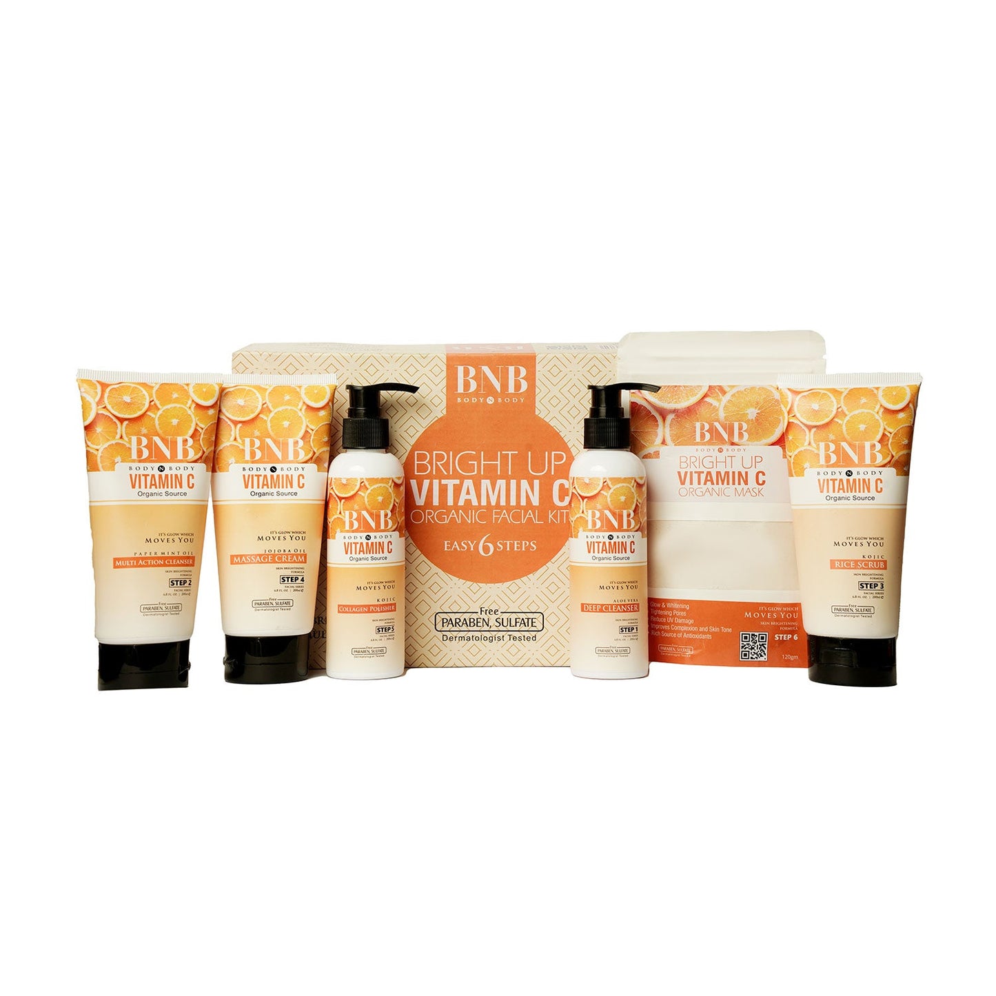 BNB Bright Up Vitamin C 6 Steps Organic Facial Kit, Paraben and Sulfate Free, 6-Packs